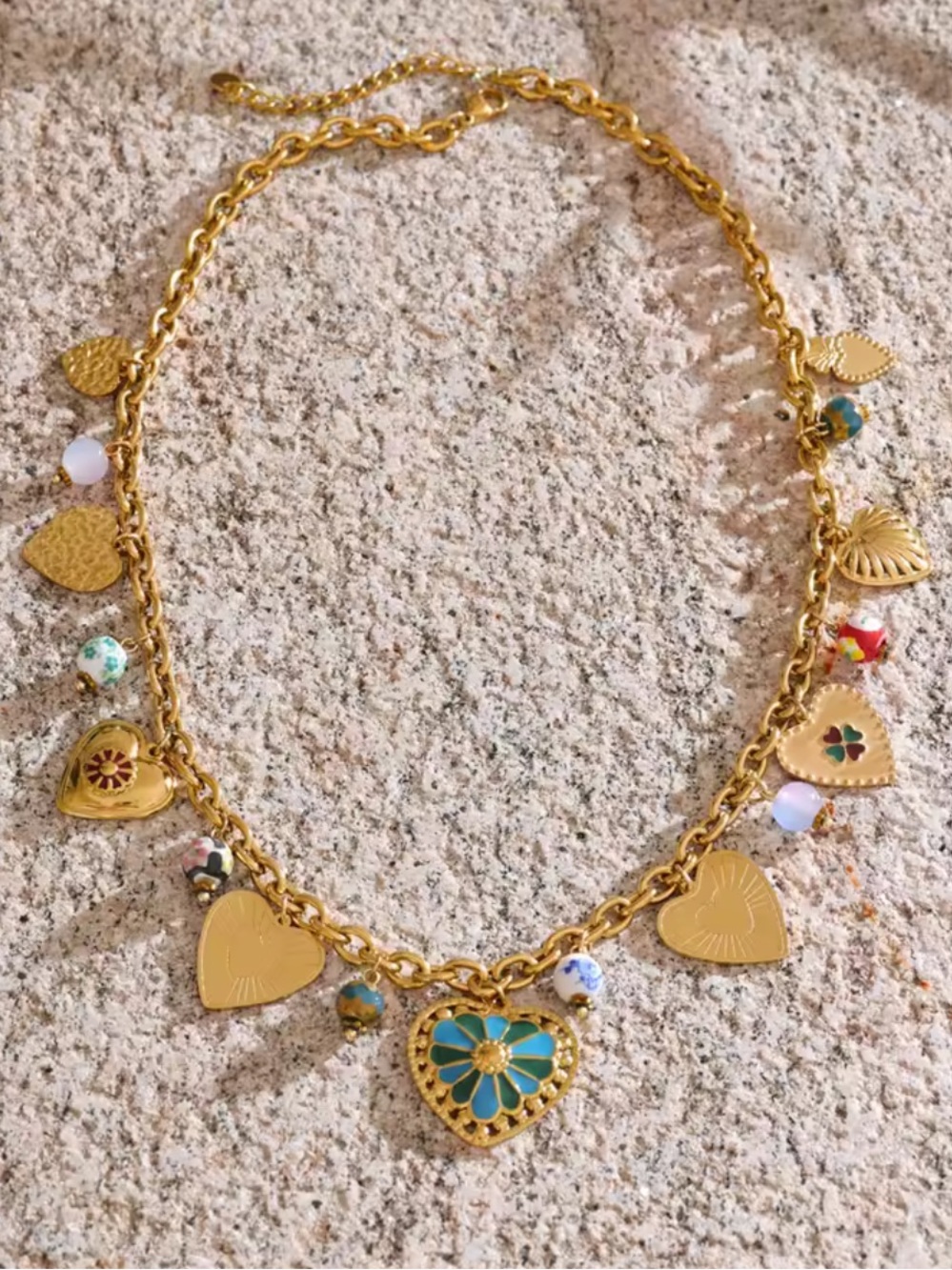 Mosaic Gold Heart Charm Necklace with Turquoise and Multicolor Beads - Picture 9 of 10